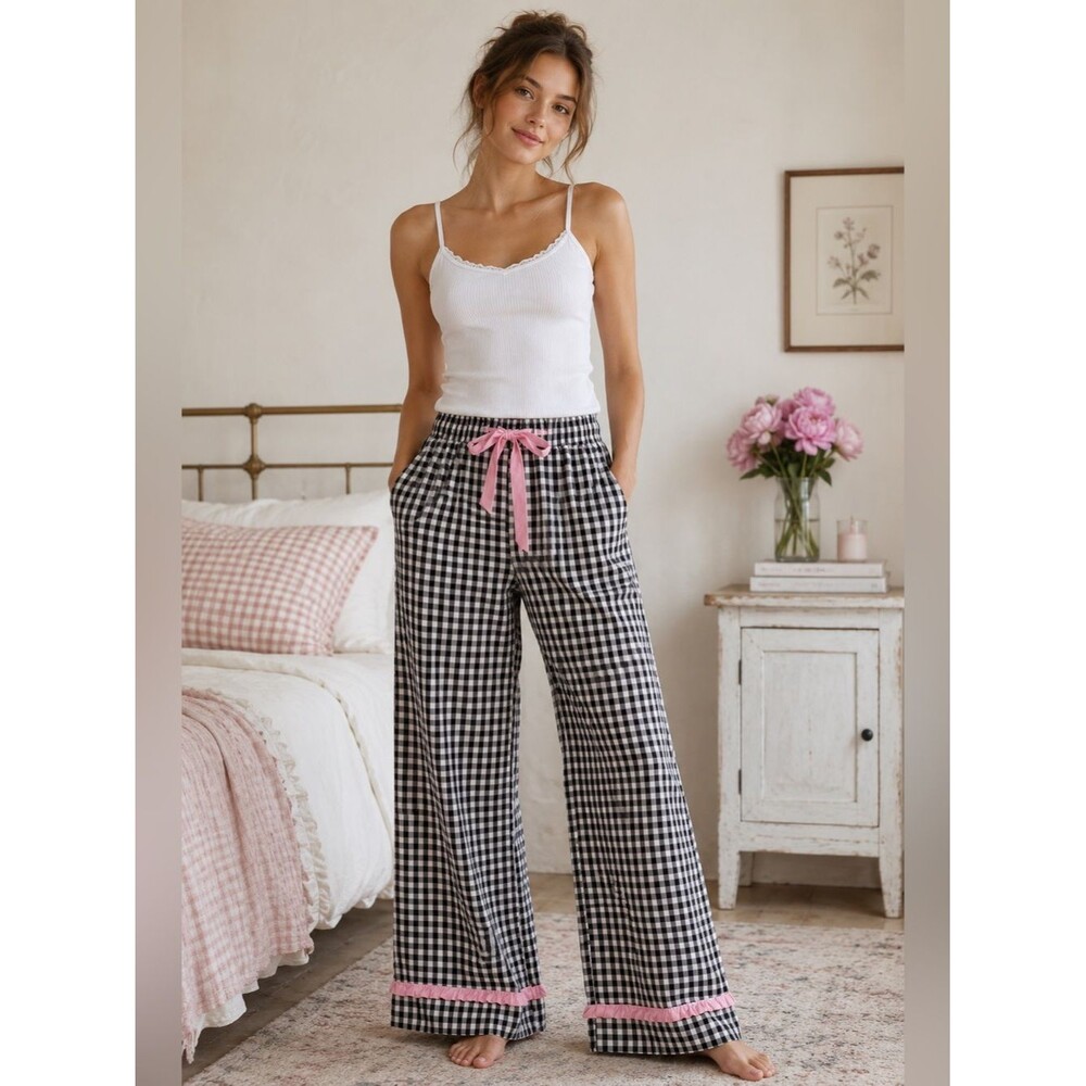 Rareraw Black & White Gingham Pink Satin Ruffle Bow Pants Size Small W/ Pockets